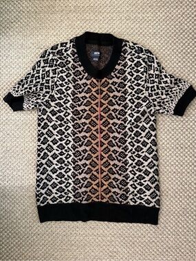 Anthropologie Maeve Black & Cream Patterned Short-Sleeve Sweater